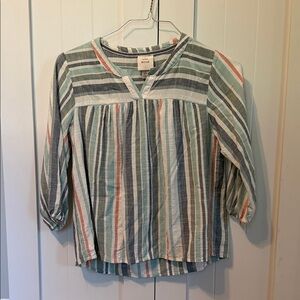 Knox Rose Striped V-Neck Blouse in Sage, White, and Coral